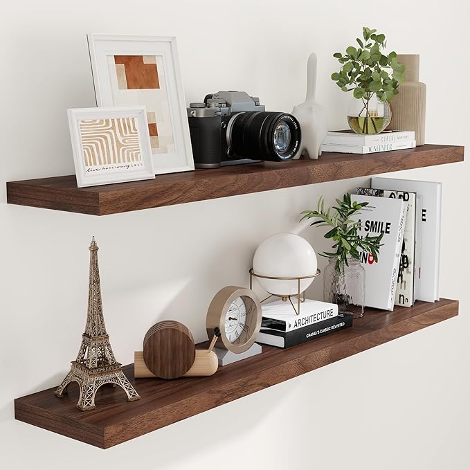 55 Inch Floating Shelves Set of 2, Rustic 55 x 9 Floating Shelf for Wall, 9 Inch Deep Wall Shelves Invisible Bracket, Large Deep Shelving for Bedroom, Kicten, Living Room, Walnut Color-Ruum Studio Home