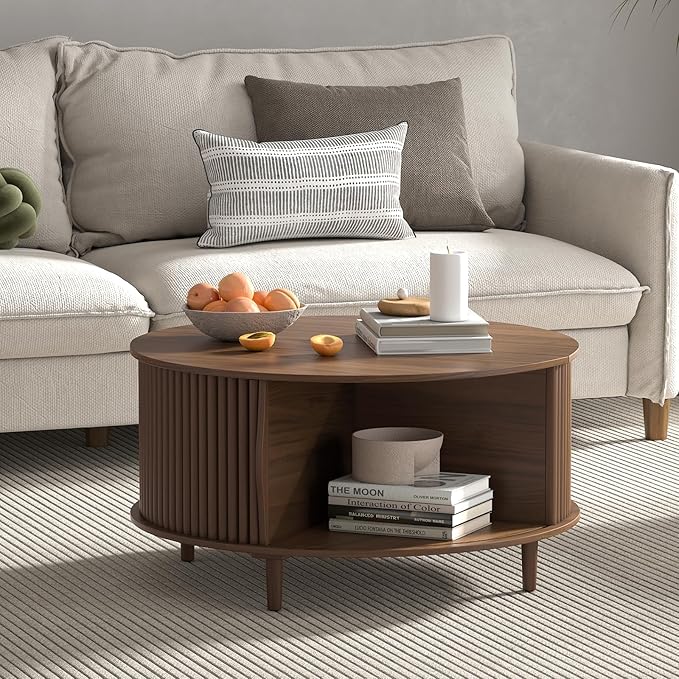 Round Coffee Table with Storage,Fluted Center Table with Sliding Cabinet Door for Living Room,Home Small Space,31.5" Small Center Table,Walnut-Ruum Studio Home