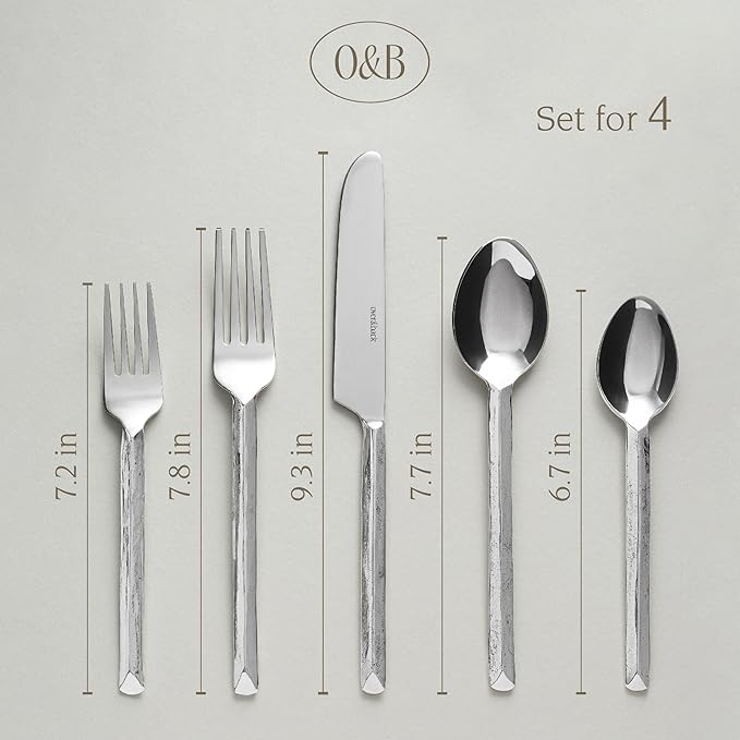 over&back 20pc Hand-Forged Flatware Cutlery Set - Comes with 4 Dinner Forks, 4 Salad Forks, 4 Dinner Knives, 4 Dinner Spoons, and 4 Teaspoons - Dishwasher-Safe - 18/8 Stainless Steel-Ruum Studio Home