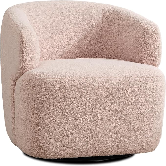 Swivel Accent Chair, Sherpa Teddy Barrel Chair for Living Room, Cozy Round Boucle Arm Chair, Metal Base for Club Nursery Bedroom, Light Blush Pink-Ruum Studio Home