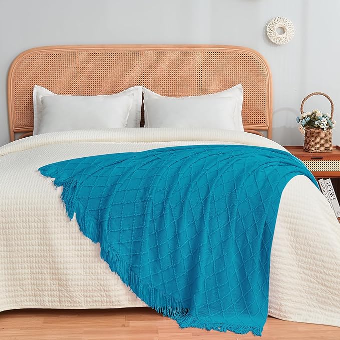 inhand Teal Throw Blanket for Couch and Bed, Soft Living Room Home Decor Knitted Blanket with Tassel, Outdoor Lightweight Breathable Summer Blanket, Farmhouse Warm Woven Decorative, 50"x60"-Ruum Studio Home