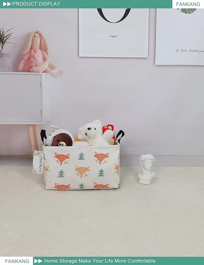 FANKANG Storage Bins, Nursery Hamper Canvas Laundry Basket Foldable with Waterproof PE Coating Large Storage Baskets for Kids Boys and Girls, Office, Bedroom, Clothes,Toys(Rec-Fox ）-Ruum Studio Home