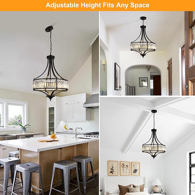 20" Modern Farmhouse Crystal Chandeliers for Dining Room, 5-Light Black Antique Pendant Chandelier, Contemporary Hanging Light Fixture for Living Room Bedroom Foyer Kitchen Island Entryway-Ruum Studio Home