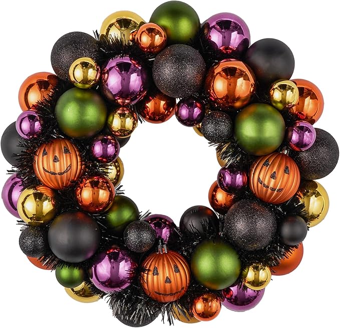 JORNOY 13inch Small Halloween Ball Wreath with Ghost&Pumpkin Accents - Seasonal Orange/Black Wall Hanging, Front Door, Mantel, Porch Decor for Home-Ruum Studio Home