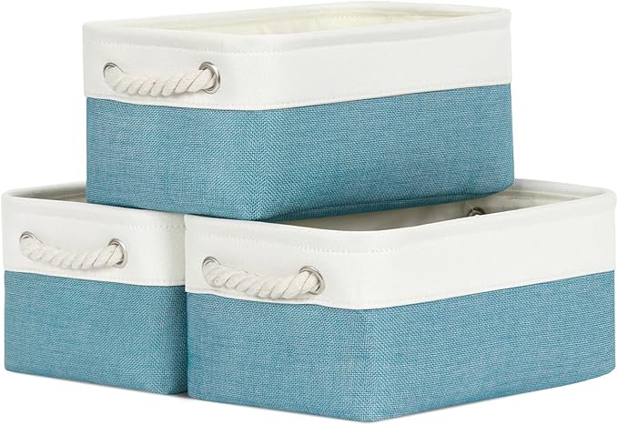 Bidtakay Small Storage Baskets for Shelves 3 Pack Fabric Storage Bins for Organizing Linen Collapsible Organizer for Closet-White&Teal-Ruum Studio Home