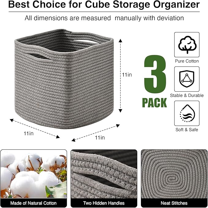 11 Inch Cube Storage Bins, Storage Cube Organizer Bins, Woven Cotton Rope Basket for Storage, Storage Baskets for Organizing Shelves, Grey Baskets for Toys Nursery, Grey (Pack of 3)-Ruum Studio Home