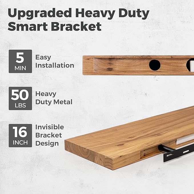 RICHFOCUS Elm Floating Shelves for Wall - 40" W x 9.3" D Rustic Solid Wood Shelves with Invisible Bracket, Wall-Mounted for Living Room, Bedroom, Kitchen Storage & Display, Set of 2, Natural-Ruum Studio Home