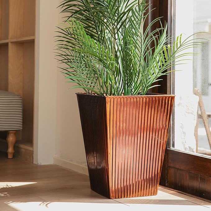 18in Vintage Handmade Metal Vertical Lines Copper Tapered Planters Set of 2, Galvanized Steel Planter Box with Drainage Hole for Indoor/Outdoor/Porch/Garden-Ruum Studio Home