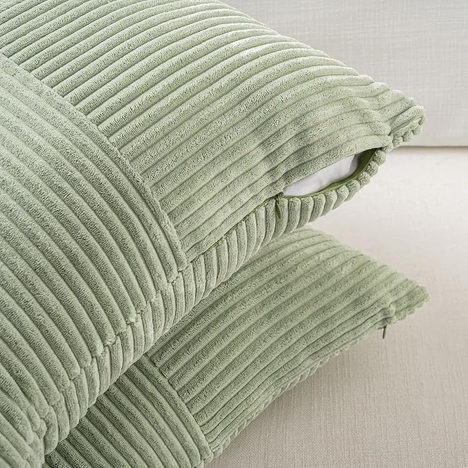 Fancy Homi Set of 2 Sage Green Boho Long Lumbar Body Decorative Throw Pillow Cover 14x36 Inch for Bed Couch Bedroom Bench, Soft Patchwork Corduroy Textured Pillow Case, Rustic Farmhouse Room Décor-Ruum Studio Home