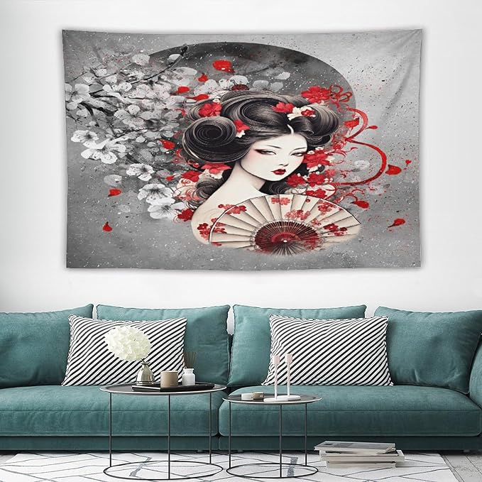 Japanese Geisha Tapestry Asian Red Cherry Blossom Red Sun Traditional Kimono Folk Tapestries Home Decor for Living Room Bedroom Apartment Farmhouse Dorm 90"x60"-Ruum Studio Home