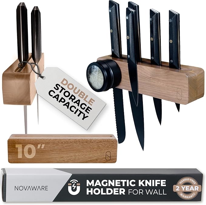Premium 10 inch Magnetic Knife Holder for Wall with 2x Storage & Charming Wood - Knife Magnetic Strip, Under Cabinet Magnet Knives Storage - Magnet Strip Rack Kitchen Utensil Holder Organizer Tool-Ruum Studio Home