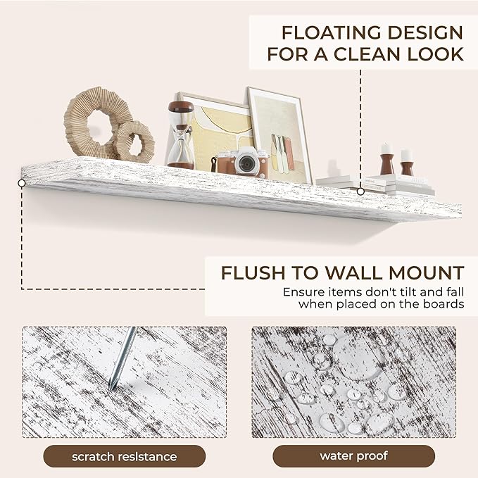 RICHFOCUS 72Inch Floating Shelves for Wall 2 Pack Shelves for Bedroom|Kitchen|Bathroom Wall Mounted Rustic Distressed Wood Floating Shelf with Invisible Brackets for Books|Storage|Decor, Rustic-Ruum Studio Home