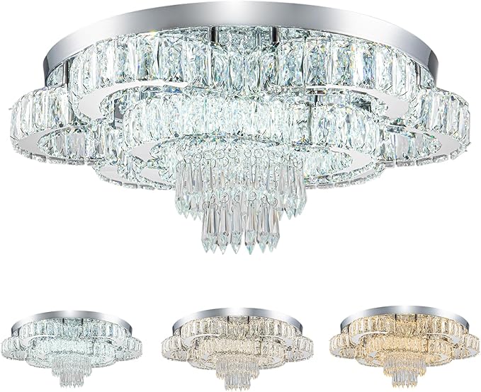 21 Inch Crystal Chandeliers with Remote Control LED Chandelier Modern Mount Flush Mount Chandelier Ceiling Light Fixtures for Bedroom Living Room Dining Room(Dimmable)-Ruum Studio Home