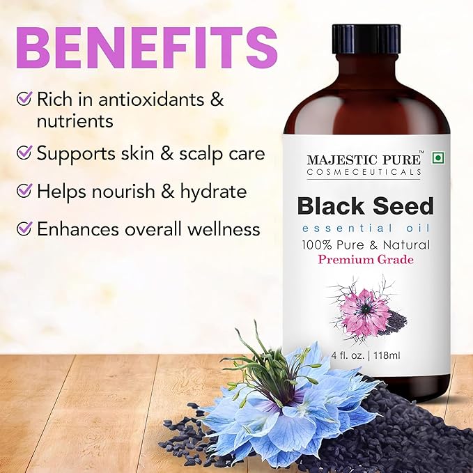 Majestic Pure Black Seed Essential Oil with Glass Dropper - Huge 4 Fl Oz - 100% Pure and Natural Black Pepper Oil - Premium Grade Essential Oils for Diffuser, Aromatherapy, Soap and Candle Making-Ruum Studio Home