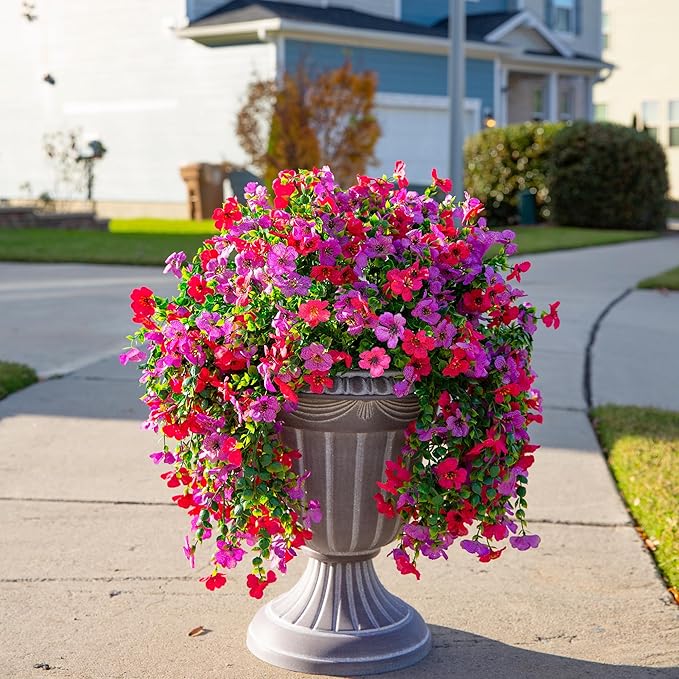 Artificial Faux Hanging Flowers Plants for Outdoor Decor, 2 PCS Outside Fake Silk Violets with Eucalyptus UV Resistant Realistic Daisy Trailing Vines for Planter Balcony Porch Patio Yard, Purplepink-Ruum Studio Home