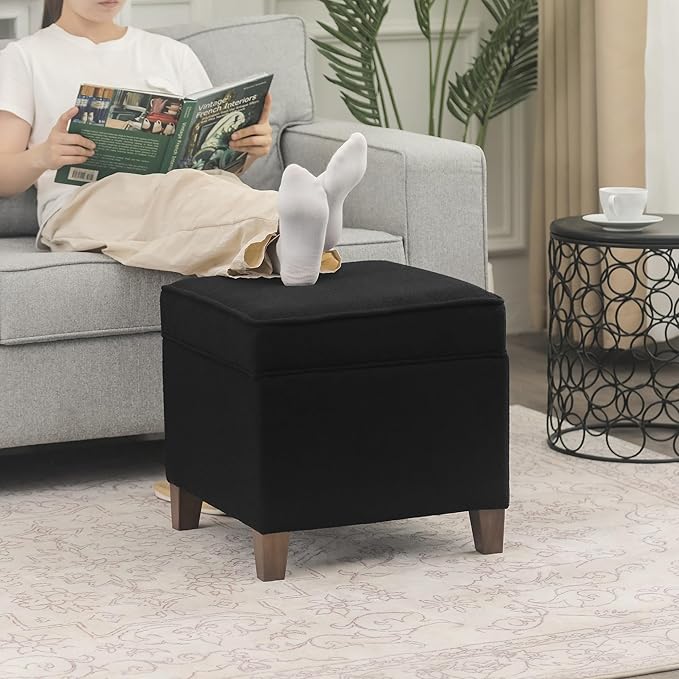 Adeco 17.5" Square Fabric Ottoman with Storage - Upholstered Cotton Linen Foot Rest - Flip Top Footstool with Sturdy Wood Legs, Small Cube Coffee Table Extra Seat for Living Room, Bedroom, Black-Ruum Studio Home