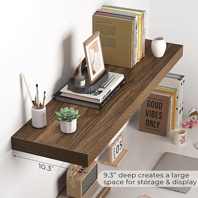 Fun Memories Floating Shelves - 10.3 Inch Deep Wall Shelf for Decor & Storage - Wall Mounted Display Shelving with Invisible Heavy-Duty Metal Bracket - 36"x 10.3"x 1.8" 1 Pack, Walnut-Ruum Studio Home