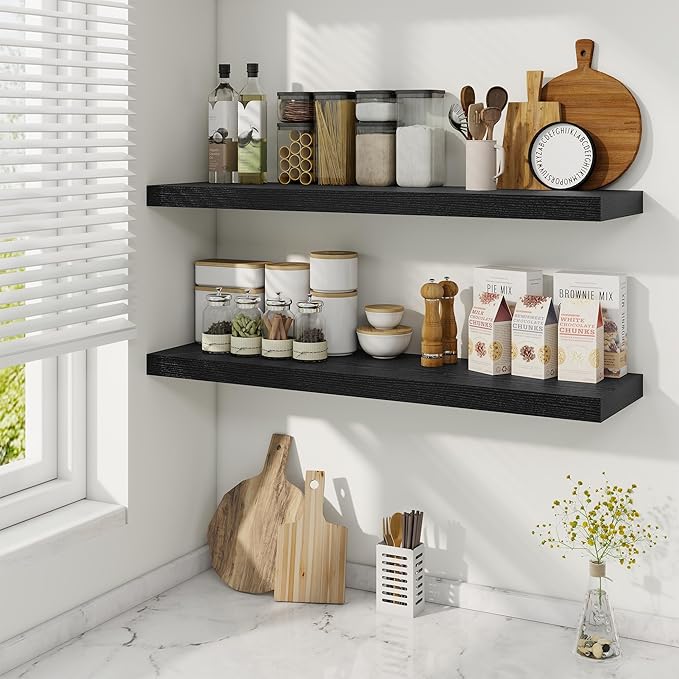 36 Inch Floating Shelves, 9.3 Inch Deep Rustic Wall Shelves - Extra Deeper Wall Mounted Storage Shelves for Bathroom, Kitchen, Living Room (Black, Set of 2)-Ruum Studio Home