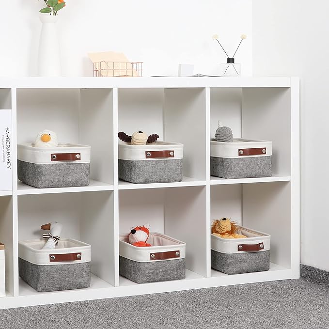 DULLEMELO Small Storage Baskets 6 Pack, Fabric Collapsible Gift Storage Baskets for Shelves, Closets, Nursery, Home, Office Organizing,Small Canvas Linen Rectangular Storage Bins (6-Pack, White&Grey)-Ruum Studio Home