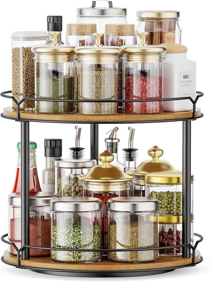 12.4" Lazy Susan Organizer 2 Tier - Rotating Spice Rack, Wooden Spinning Spice Holder for Inside Cabinet, Pantry, Kitchen, Countertop, Bathroom and Vanity, Versatile Storage-Ruum Studio Home