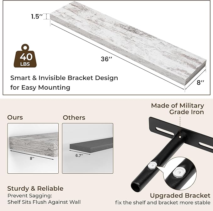 RICHFOCUS 36Inch Floating Shelves for Wall 2 Pack Shelves for Bedroom|Kitchen|Bathroom Wall Mounted Rustic Distressed Wood Floating Shelf with Invisible Brackets for Books|Storage|Decor, Rustic-Ruum Studio Home