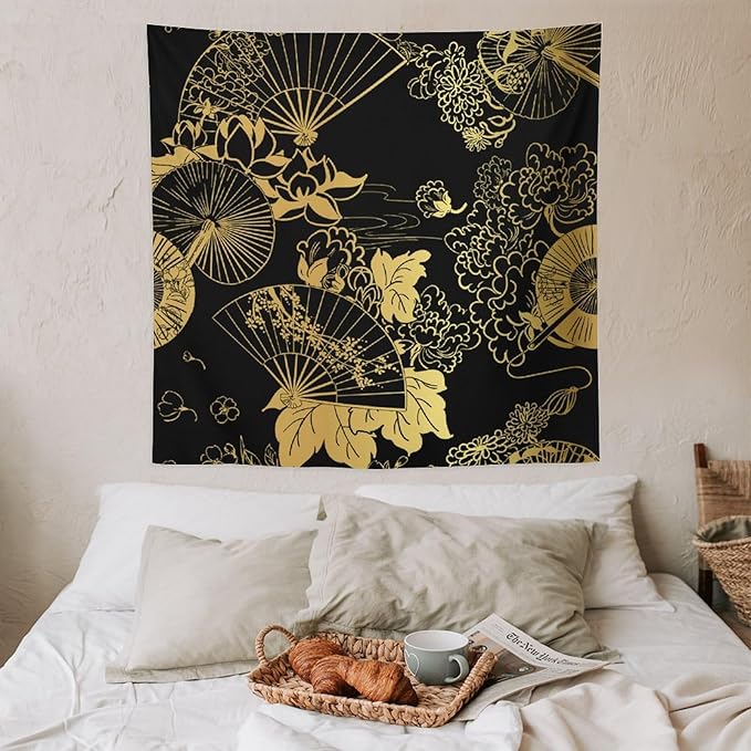 HZOHNAGO Japanese Tapestry Gold Flowers Umbrella Fan Pattern Printed Wall Tapestry Painting Wall Hanging for Bedroom Living Room Dorm 60" W x 60" H-Ruum Studio Home