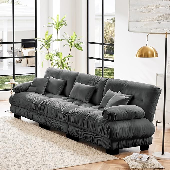 Modular Sectional Sofa Cloud Couch 3-Seater Deep Seat Sofa Couch, Oversized Couch Bed Sectional Couch with Round Bolster Armrests 5 Pillows, Modern Sofa Chair Comfy Couch(Gray)-Ruum Studio Home