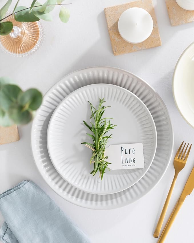 Stoneware Dinnerware Set for 4 People HYGGE 12-Piece - Elegant Scandi Design - Premium Dish Set - Bowl and Plate Set - Tableware for 4 People in a Ribbed Design - Pure Living in White-Ruum Studio Home