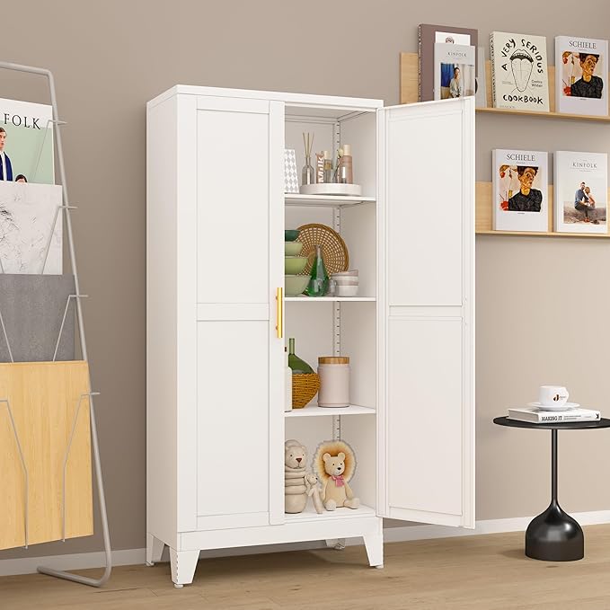 Metal Pantry Cabinet with 2 Doors and Adjustable Shelves, Kitchen Storage cabinets with Gold Handles, Versatile Storage for Laundry/Living Room,Bathroom,Dinning Room-White-Ruum Studio Home