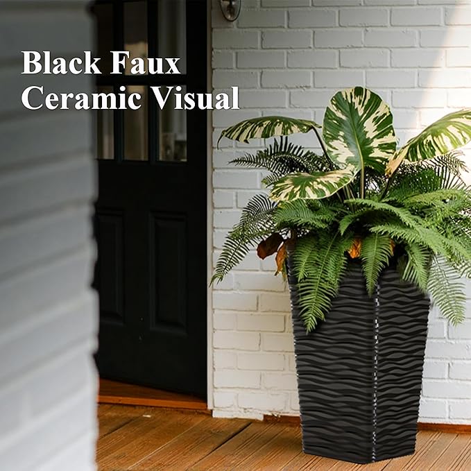 Worth Garden 2-Pack Black Tall Planter - Plastic Square Tapered Tree Plant Pots for Indoor Outdoor - 22" H - Modern Wavy Finish Decorative Flower Pots for Front Porch Containers Patio Deck-Ruum Studio Home