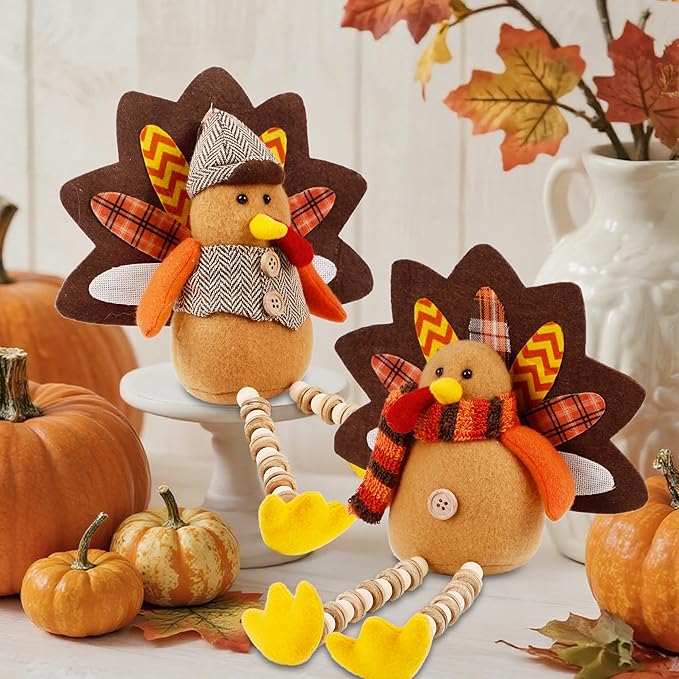 winemana Thanksgiving Decorations Set of 2 Turkeys with Dangling Legs, Mr and Mrs Turkey Couple Plush Tabletop Centerpieces for Fall Harvest Home Kitchen Shelf-Ruum Studio Home