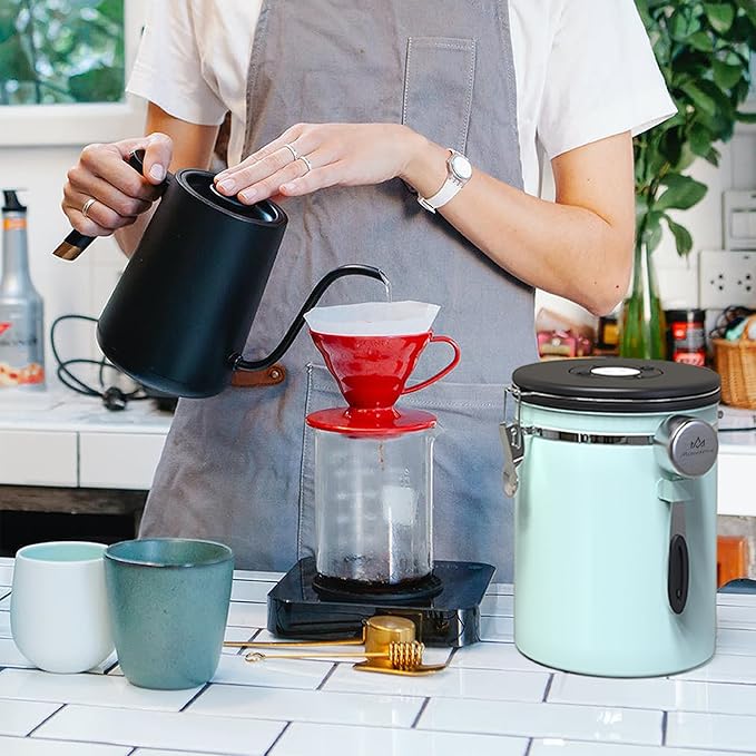 35OZ Coffee Canister for ground coffee with Date Tracker,Mint Green 304 Stainless Steel Kitchen Food Airtight storage container for Coffee Beans or Grounds, Tea, Sugar-Ruum Studio Home