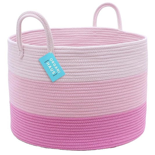 OrganiHaus Toy Storage Basket for Kids, Large Cotton Rope Organizer Bin for Nursery, Toy Box, Blanket Holder, Baby Hamper for Living Room, Soft & Washable, 20x13 inches - Pink-Ruum Studio Home