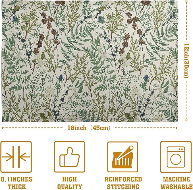 Sage Green Botanical Floral Placemats Set of 4 Vintage Tropical Herbs Fern Leaves Place Mats 12x18 Inch Seasonal Plant Spring Summer Linen Fabric Table Mats for Party Kitchen Dining Decor-Ruum Studio Home