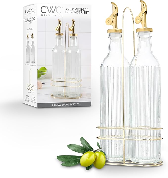 COOK WITH COLOR Glass Olive Oil Dispenser Bottle - 2 Pack, 17 oz Cruet - Elegant Carafe Decanter with Spout for Kitchen, Suitable for Vinegar, Coffee Syrups & Other Liquids-Ruum Studio Home