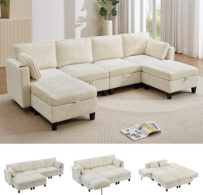 110" Modular Sectional Sofa, Convertible Sleeper Sofa Couch Bed with Adjustable Backrest, U-Shaped Chenille Cloud Couch with Ottoman Storage, Deep Seat Couches for Living Room,Beige-Ruum Studio Home