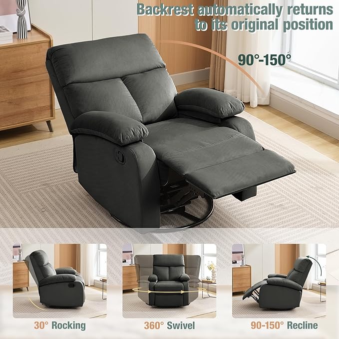Swivel Rocker Recliner for Adults, Rocking Small Recliner Chair for Small Spaces, Glider-Nursery Rocking Chair for Living Room, RV, Nursery, Bedroom, Grey-Ruum Studio Home