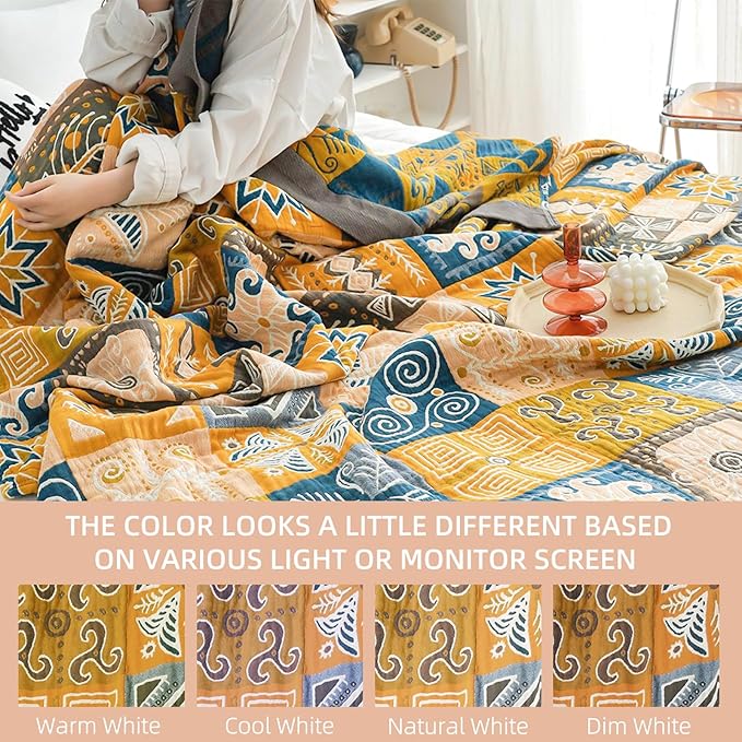 Boho Throw Blanket for Bed - 100% Pure Cotton Ultra Soft Rustic Quilt - Farmhouse Decor Bed Blankets, All Season Rustic Throw for Sofa Couch Chair(91''x 98'', Art Squares)-Ruum Studio Home