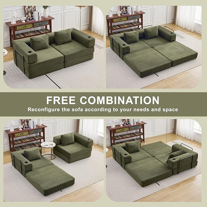 78" W Loveseat Sofa, 4 in 1 Convertible Floor Sofa Bed, Boneless Cloud Couch with Cup Holder, Fold Out Floor Couch, Loveseat Recliner Sleeper for Living Room Bedroom Lounge(Corduroy, White)-Ruum Studio Home