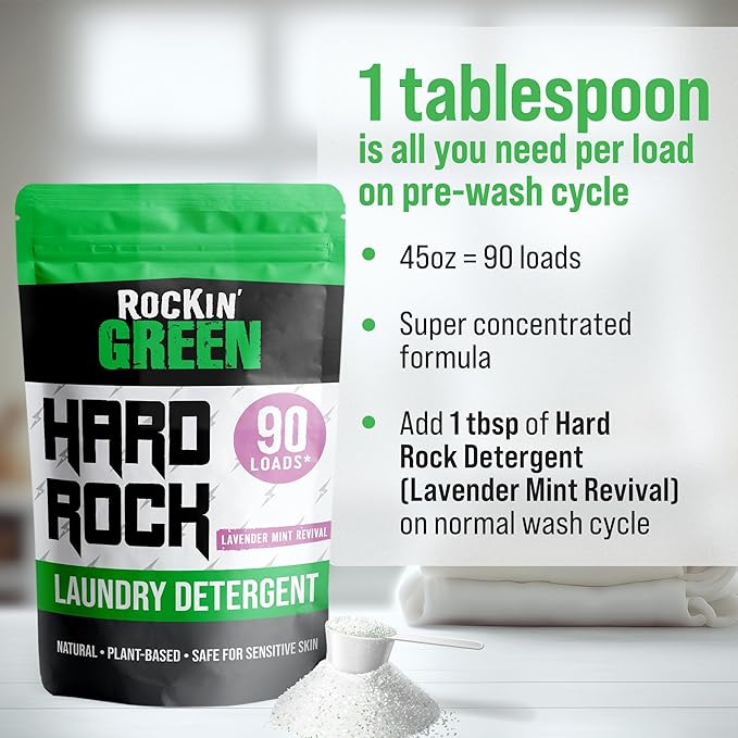 Rockin' Green Hard Rock Laundry Detergent for Hard Water (90 Loads), Plant based, Natural Laundry Detergent Powder, Biodegradable Odor Fighter, Safe for Sensitive Skin, 45 oz (Lavender Mint Revival)-Ruum Studio Home