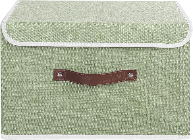 ANMINY Storage Bin with Lid Storage Boxes with PU Leather Handles PP Plastic Board Decorative Foldable Lidded Cotton Linen Fabric Home Cubes Baskets Closet Organizer Container - Green, Large Size-Ruum Studio Home