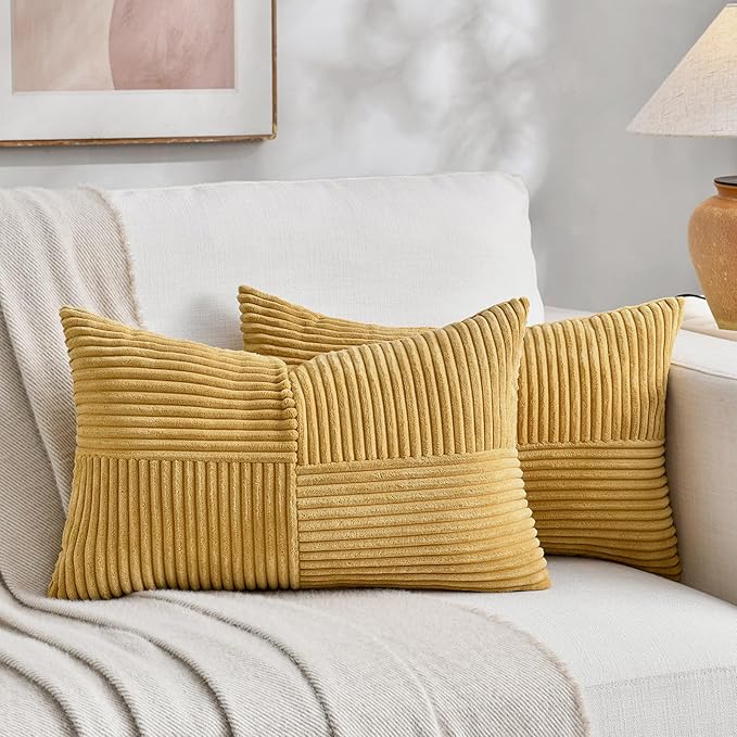 Fancy Homi 2 Packs Mustard Yellow Long Lumbar Decorative Throw Pillow Covers 16x24 Inch for Couch Bed, Rustic Farmhouse Boho Home Decor, Soft Striped Corduroy Rectangle Accent Cushion Case 40x60 cm-Ruum Studio Home