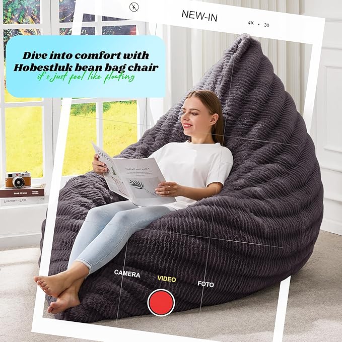Hobestluk 3 in 1 Bean Bag Chair Giant Bean Bag Chairs for Adults with Ripple Cover Convertible Bean Bag Floor Cushion with Machine Washable Cover for Living Room (Ripple Dark Grey)-Ruum Studio Home