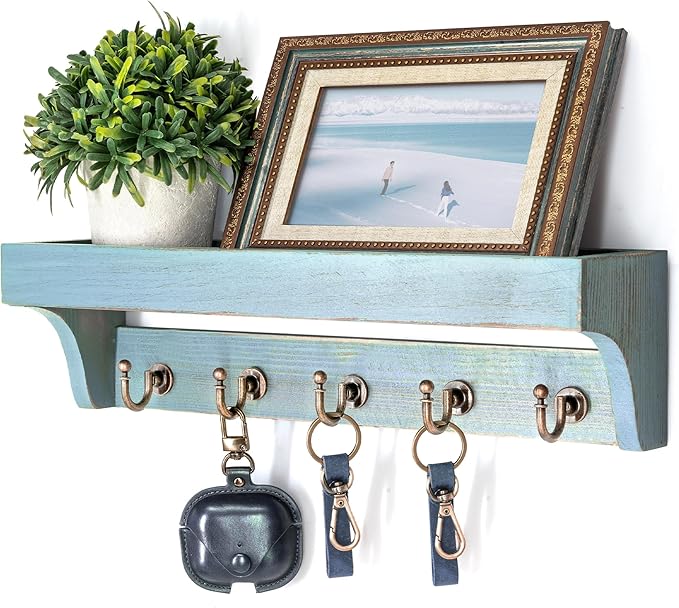 Rebee Vision Farmhouse Pine Wood Key Holder Wall Mount for Home Decor - Rustic Wall Key Holder with Shelf for Home Improvement - Ideal Entryway Organizer in Living Room (Distressed Blue)-Ruum Studio Home