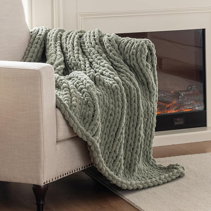 Chunky Knit Blanket Throw, 100% Hand Knit Throw Blanket Handmade Chenille Cable Knit Throw for Couch, Stylish Cozy Soft Rope Knot Crochet Blanket for Home Decor, Sage Green, 60x80 Inches-Ruum Studio Home
