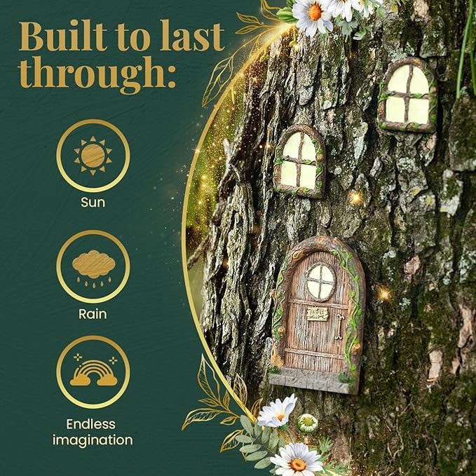 Fairy Door and Windows – Glow in The Dark Yard Art Sculpture Decoration for Kids Room, Wall and Trees Outdoor | Miniature Garden Outdoor Decor Accessories with Bonus Fairy Lantern-Ruum Studio Home