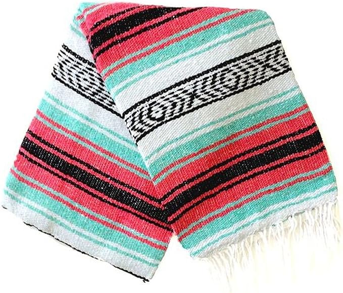 Del Mex Classic Mexican Blanket, Large Authentic Woven Falsa Throw (70"x50"), Artisan Southwest Décor for Beach, Yoga, Outdoors (Pink/Mint)-Ruum Studio Home