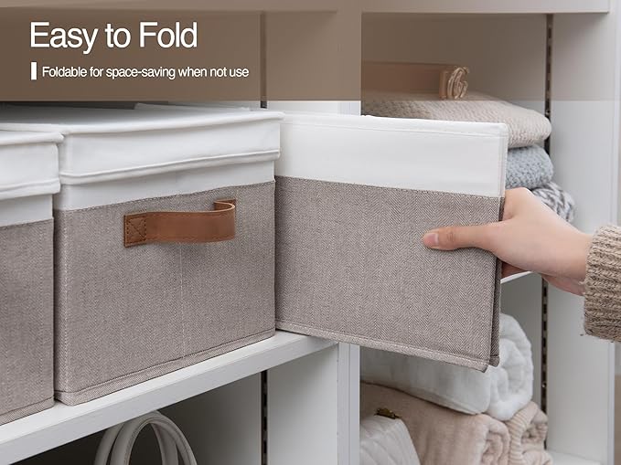 StorageWorks Large Storage Bins with Lids, Decorative Storage Boxes with Lid and PU Handles, Foldable Storage Baskets for Closet, Shelves, Stackable, Brown and White, 3-Pack-Ruum Studio Home