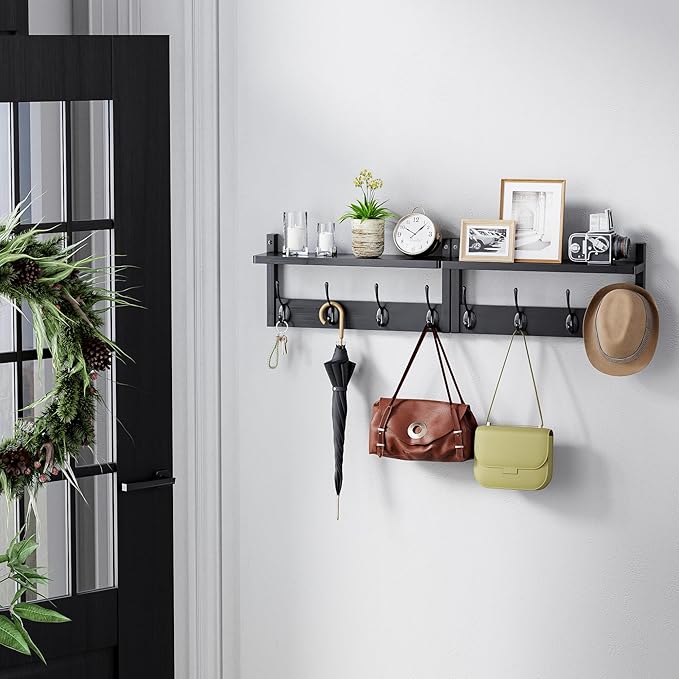 Coat Rack with Shelf, 2 Pack Bamboo Wall-Mounted Coat Hanger with 8 Hooks for Entryway, Hallway, Kitchen, Bathroom, Living Room, Utility Room (Black)-Ruum Studio Home