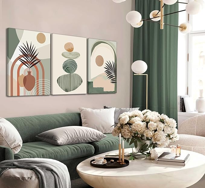 3 Pcs Mid Century Modern Boho Abstract Canvas Wall Art Neutral Green Bohemia Sun and Plant Pictures Wall Decor Posters Print Artwork for Living Room Bedroom Bathroom Office Home Decoration-Ruum Studio Home